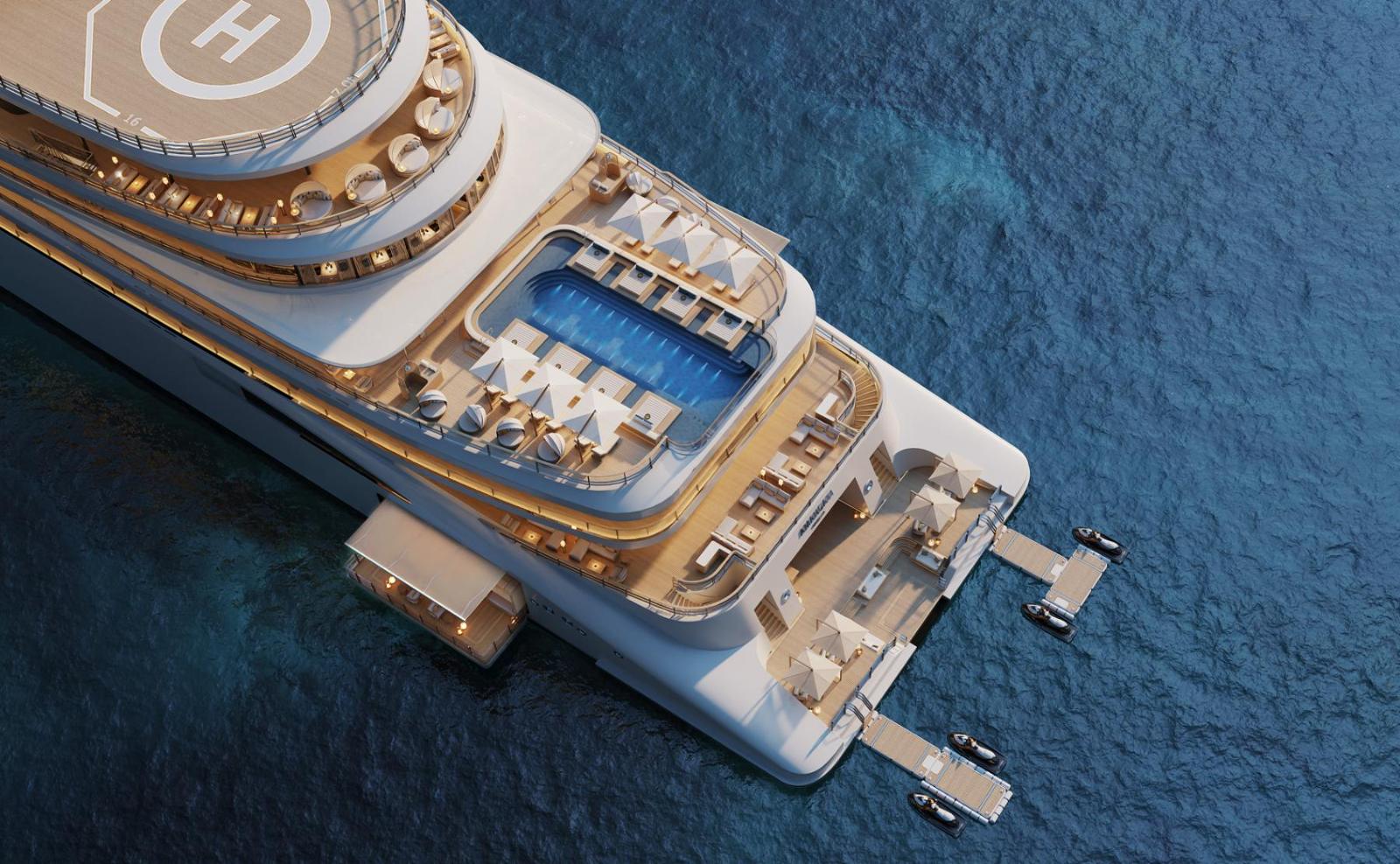 Mega yacht pool deck and marina platform, aerial view
